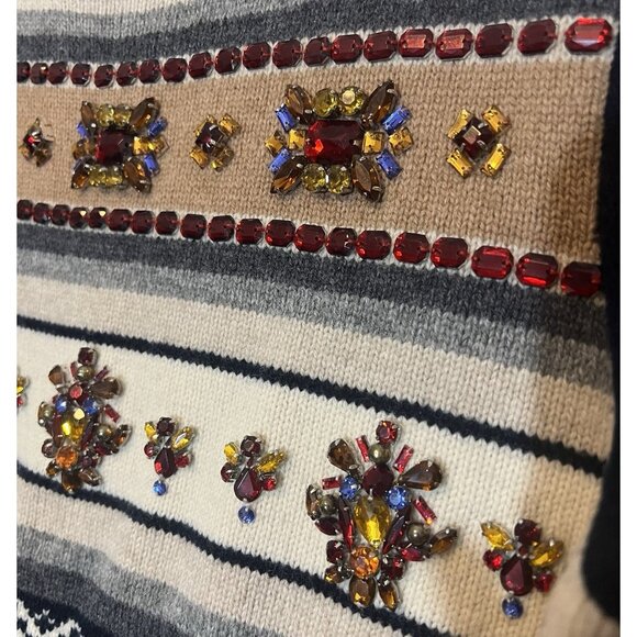 J CREW Women’s 100% Wool Fair Isle Stripe Sweater Medium Size Blue Rhinestone - Picture 7 of 9